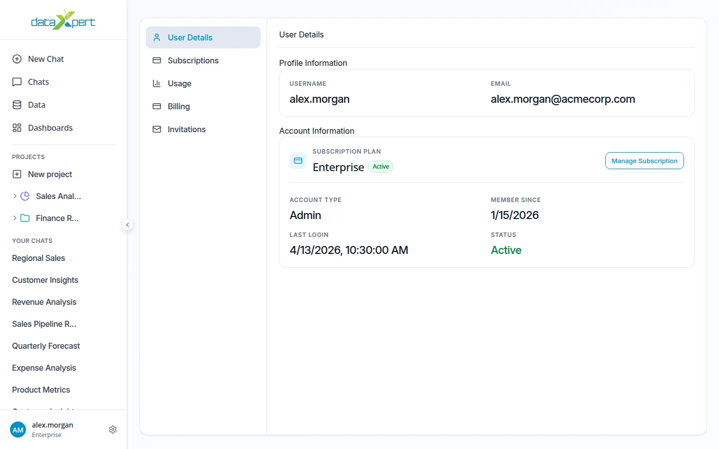 Account settings page